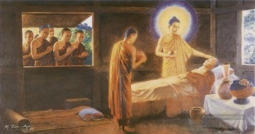 Bouddha prenant soin d’un moine malade comme un devoir fraternel et un exemple de modèle pour ses moines pour imiter le bouddhisme Peinture à l'huile